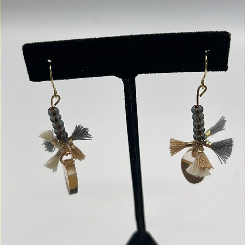 Gold Tone Beaded Tassels and Earth Tone Charm Drop Boho 2” Earrings